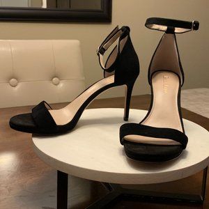 Black Essex Lane Suede Open Toe Heels, size7.5